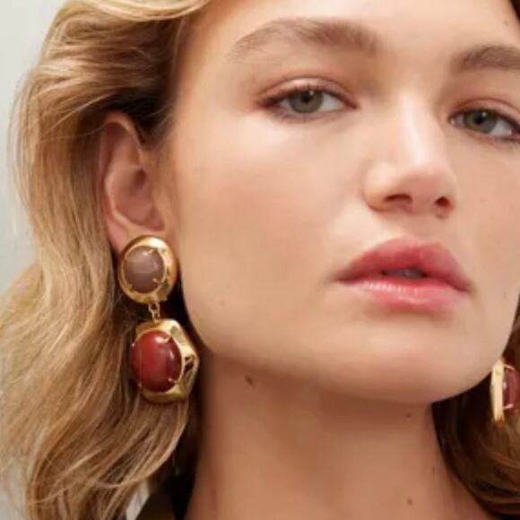 Lele Sadoughi Geo Bezel Red Harvest Jewel Drop Gold Plated Clip Runway Earring - Picture 3 of 16